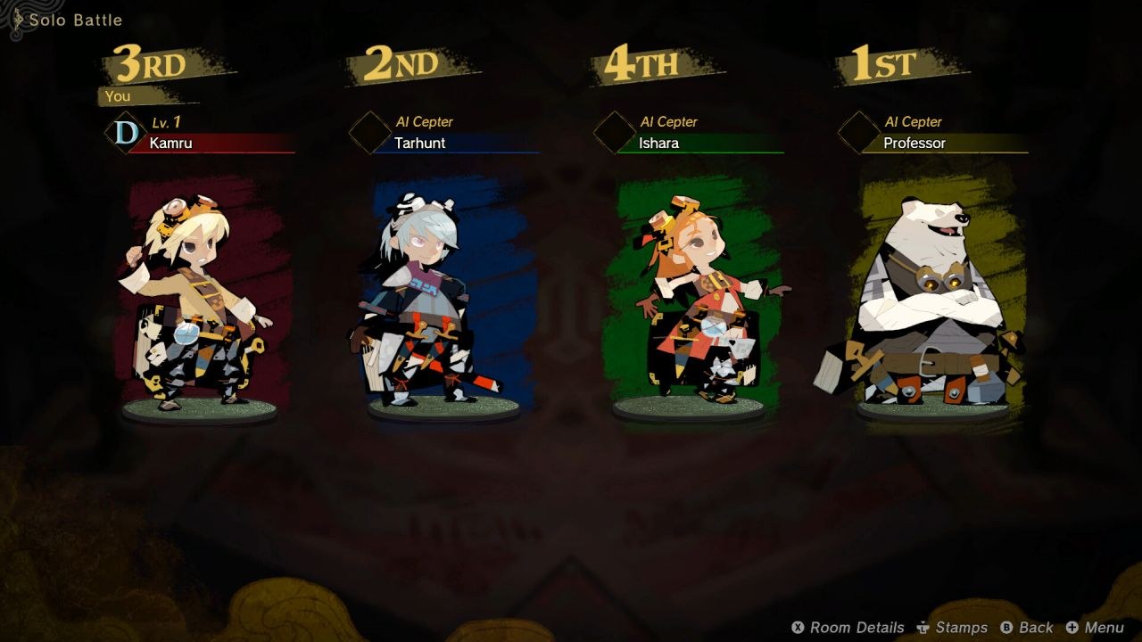 A ranking shows the order players finished in. Kamru placed third out of four.