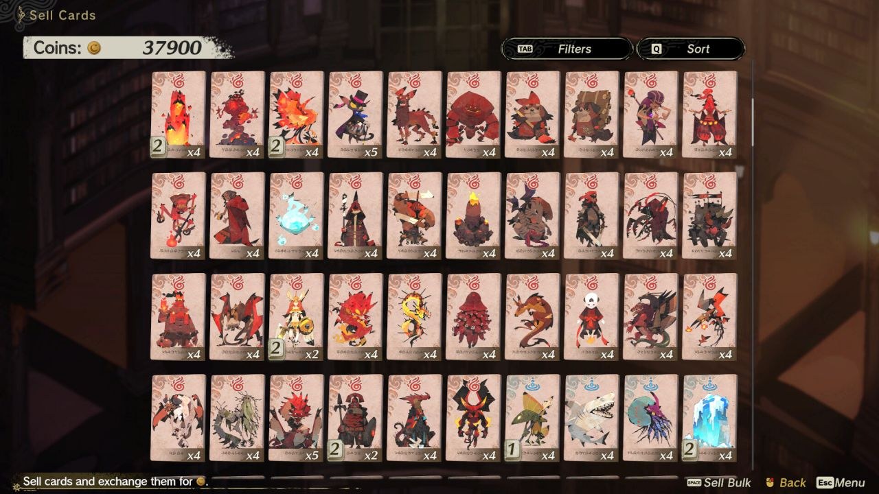 A view of a grid of cards that can be sold, with the option to apply filters or sort.