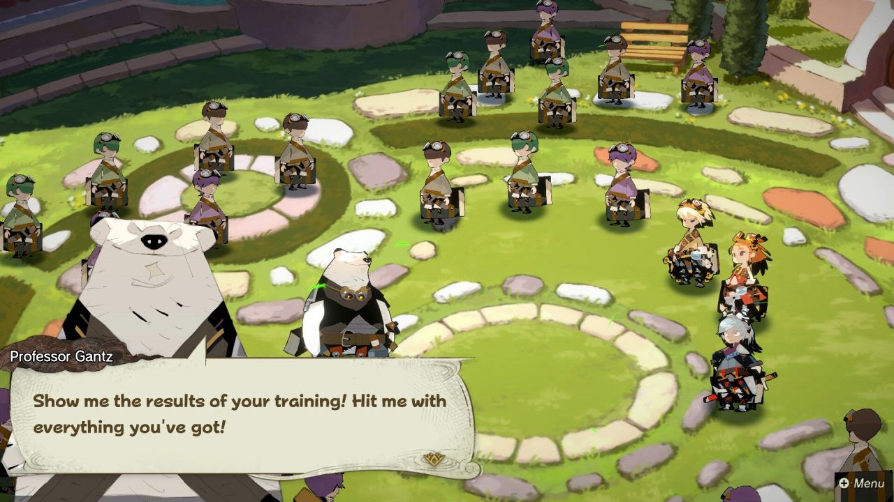 Professor Gantz, a bear-like mentor, orders the player to show the results of their training.