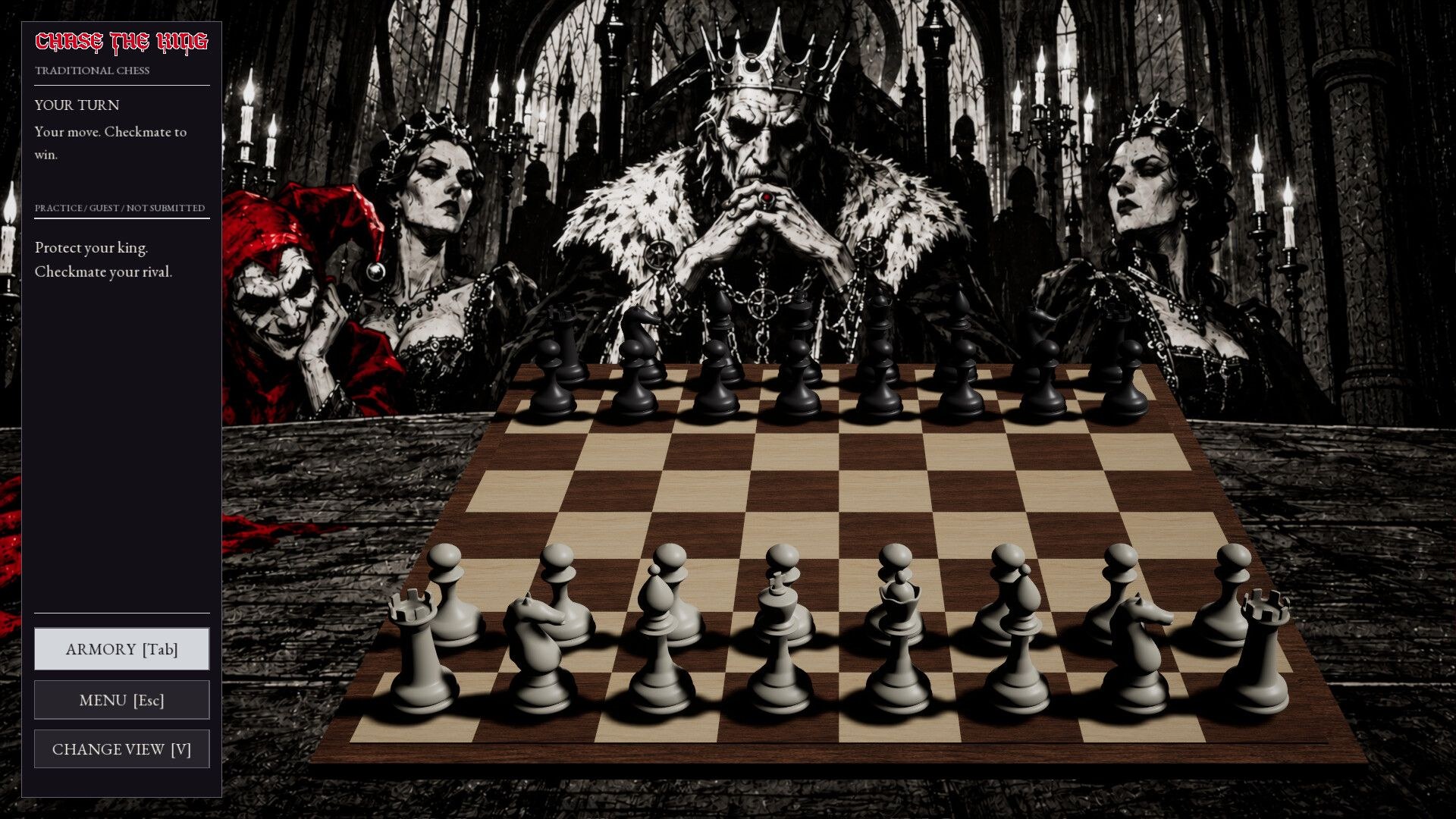 A brooding king sits across the board, with members of his court sneering from either side as you look over your pieces.
