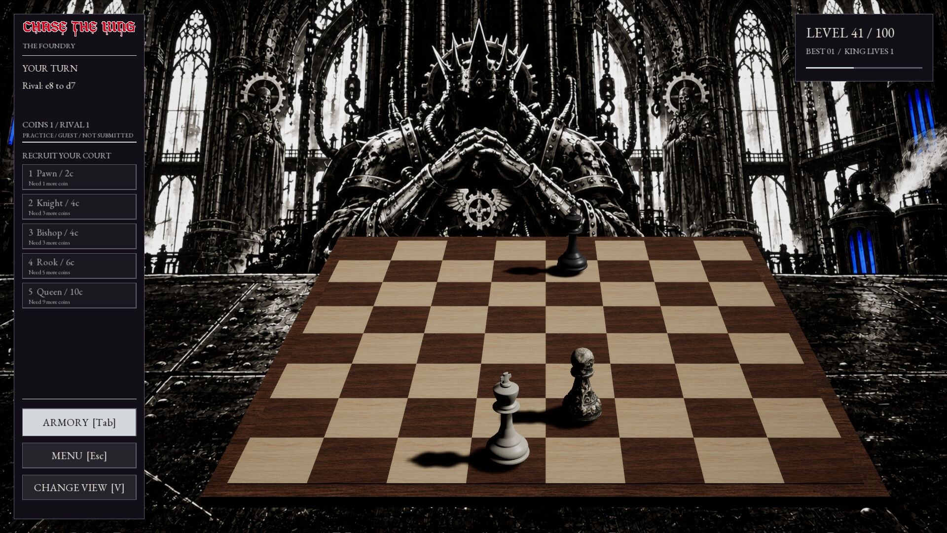 The dark king on the opposite side of the board has his fingers interlocked and stares over a board. You have two pieces to his one.