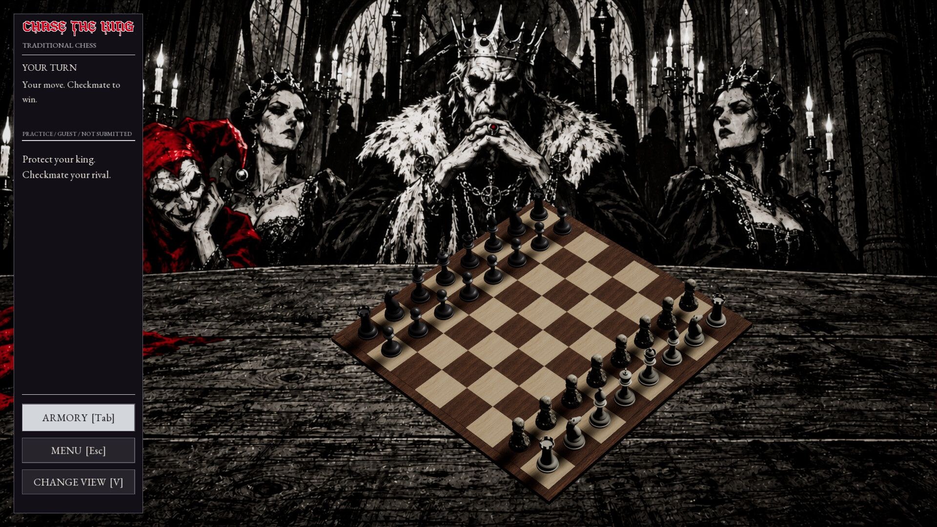 The view of the board is turned diagonally, and the armory tab is highlighted in the left menu.