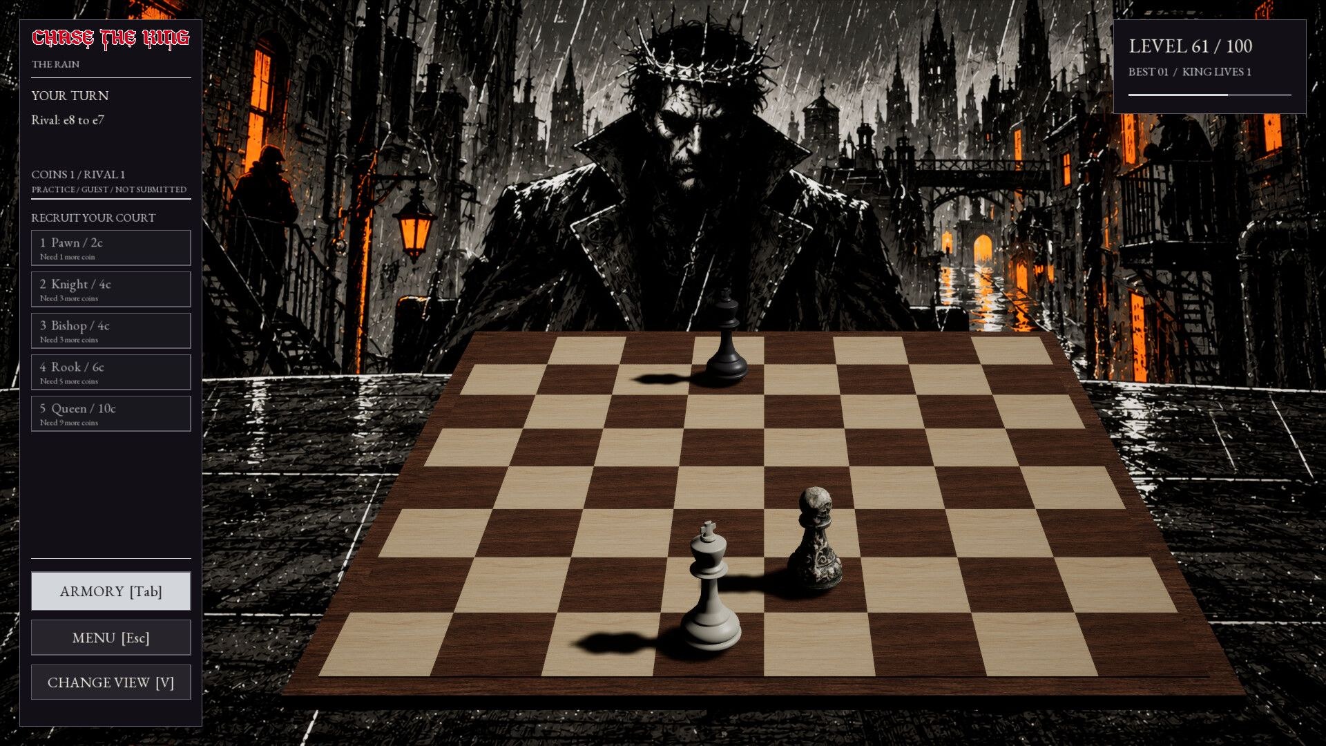 Your opponent has a crown of thorns and wears a leather jacket with a high collar, with a cityscape behind him that is being drenched in rain.
