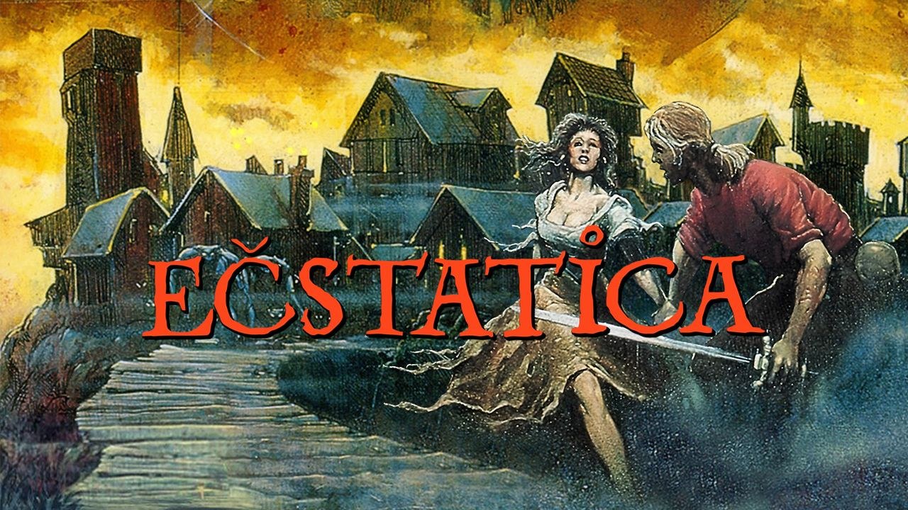 Ecstatica key art shows a hero with a sword and a woman in a dress behind the game's logo, with a gothic village behind them.