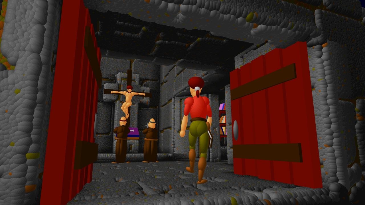 A character steps through some double doors into a dungeon-like room, where someone appears to be hanging from a cross on the back wall.