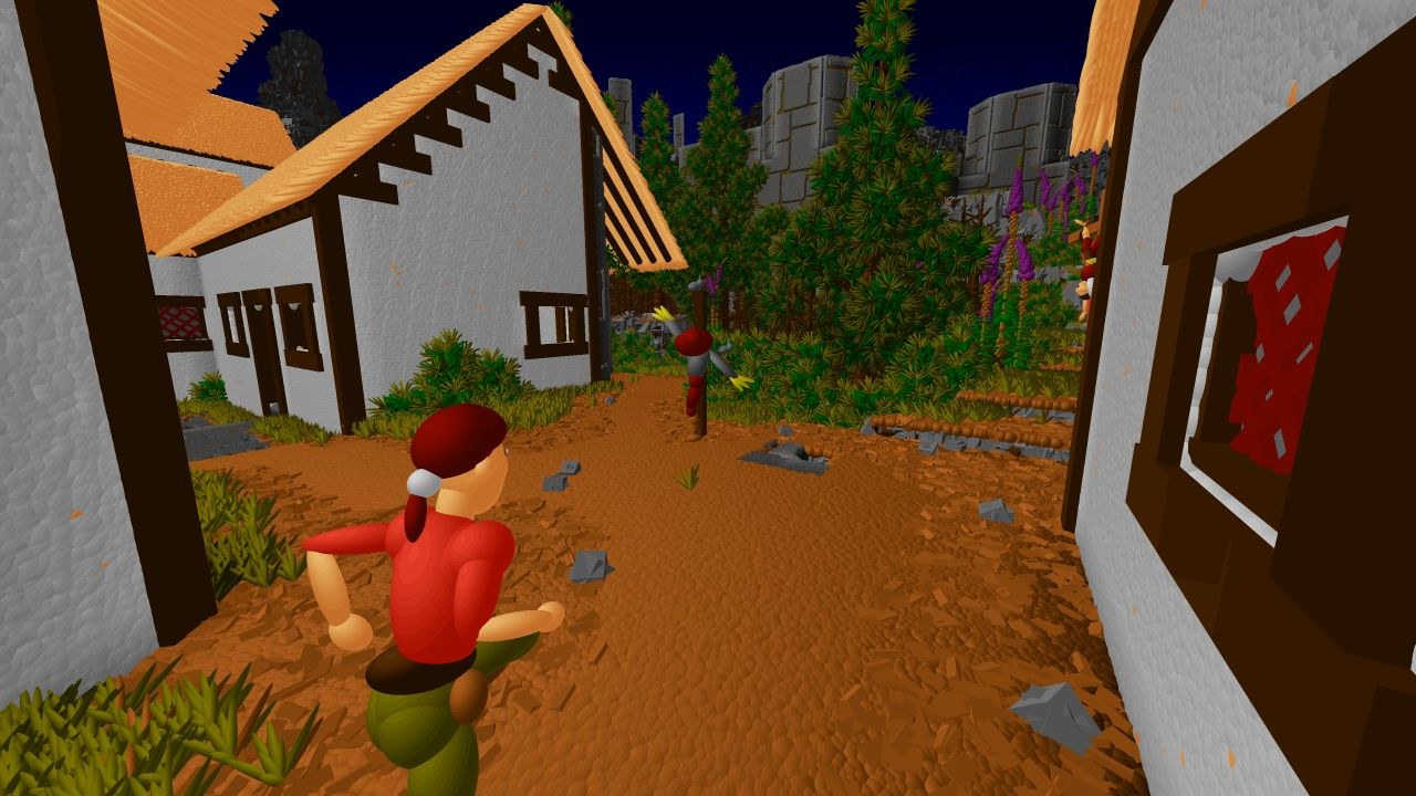 The hero runs along a street through the village, following a packed dirt path.