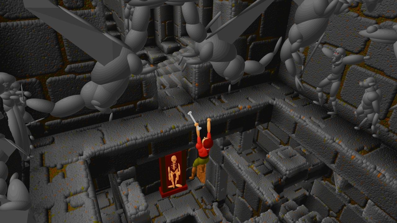 The hero hangs from a stone ledge in a very gray dungeon.