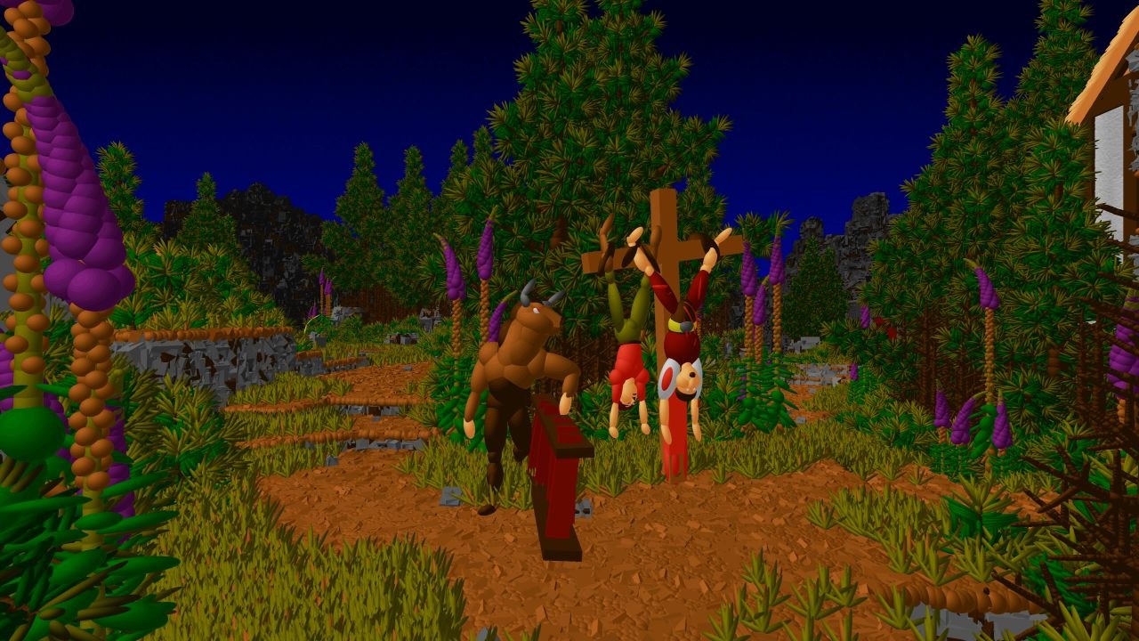 The hero hangs upside down from a cross while a monster watches in the woods.