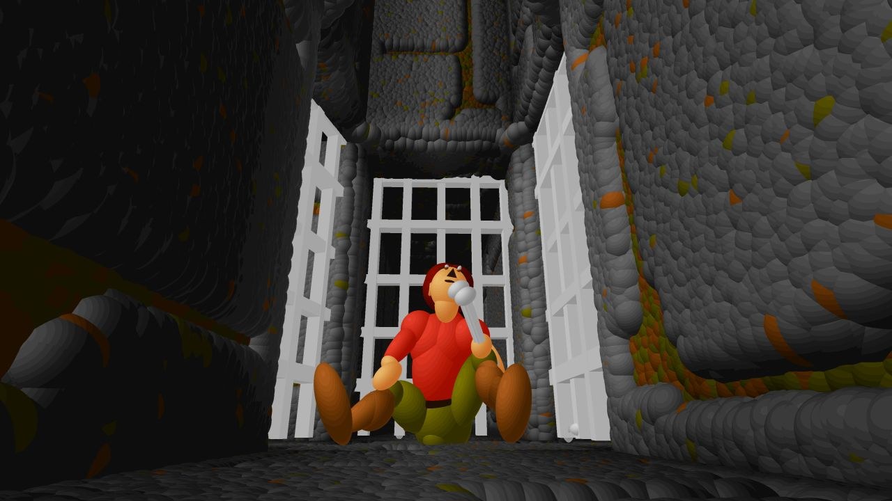 The hero sits miserably in a dungeon environment, with prison cell doors around them.