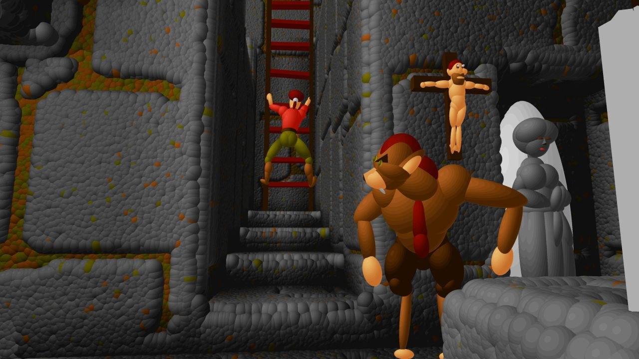 The hero descends a ladder in the dungeon, toward a waiting werewolf and some guy hanging from a cross on the wall.