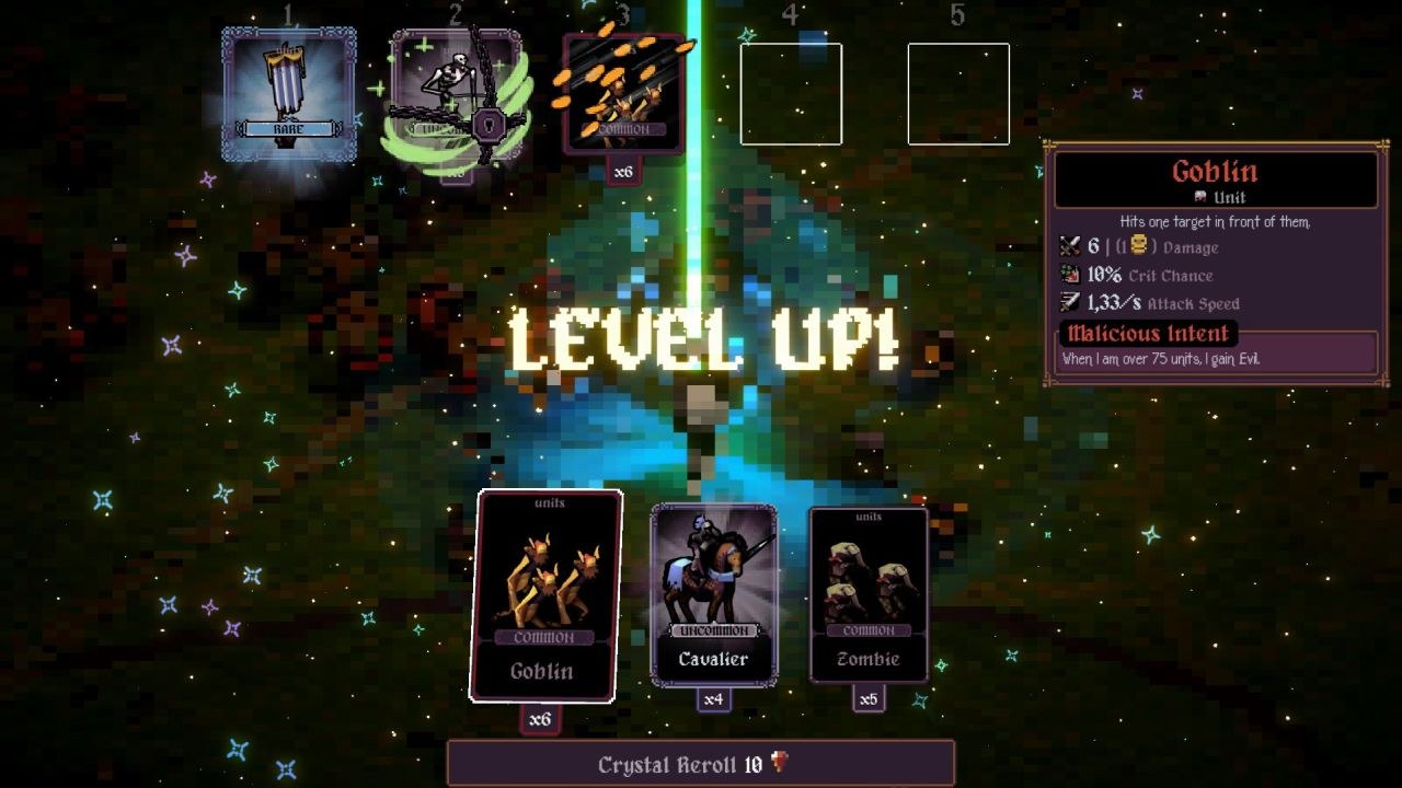A character levels up, and three large cards show at the apparent end of a skirmish.