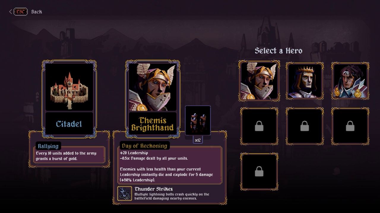 A screen lets the player choose from among three possible heroes, with others hidden away by lock insignias.