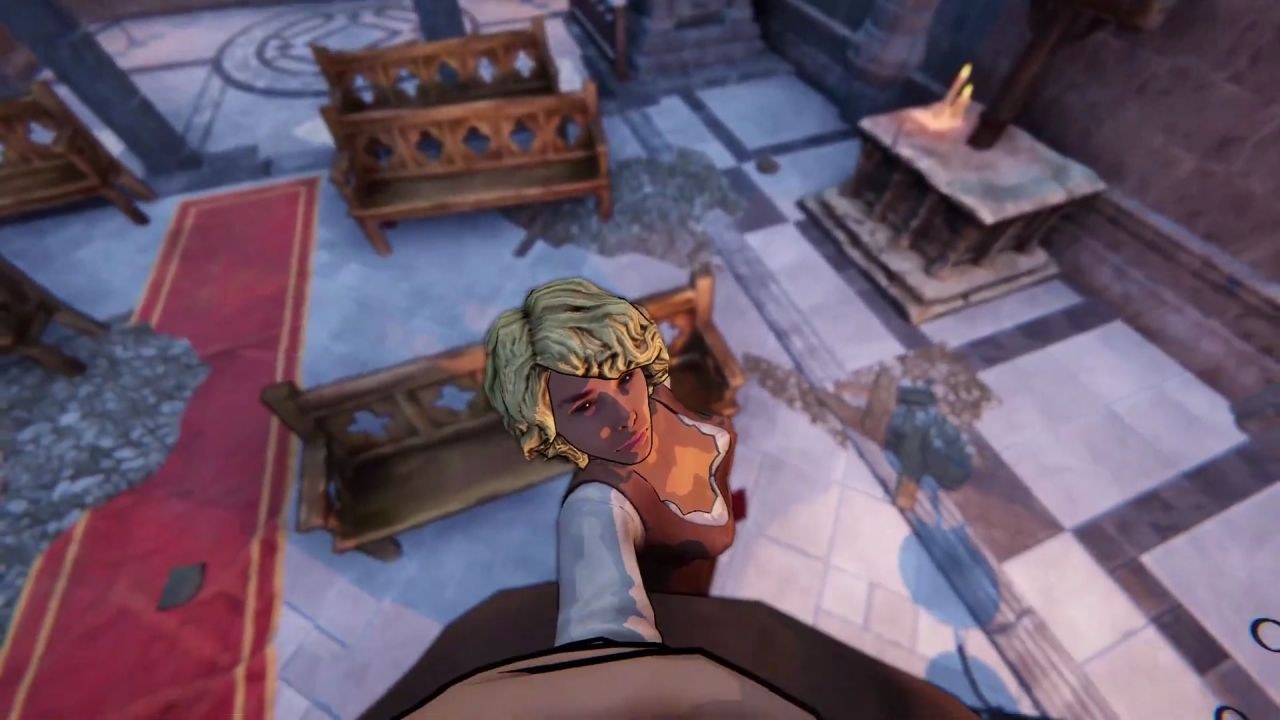 A woman with blonde hair reaches up toward the bottom of the screen, in a room with white tile, pews, and an altar.