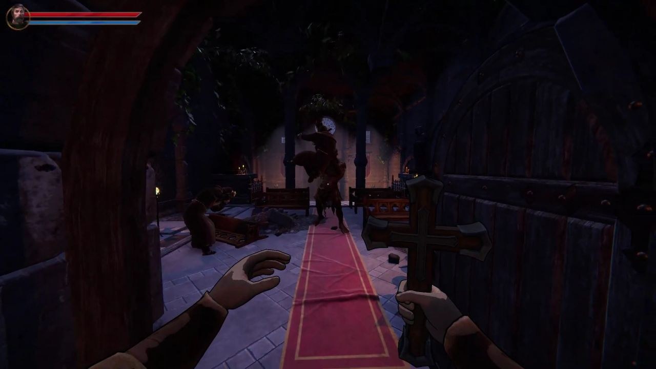Moving along a dark corridor, crucifix held upright, as ahead a dark form turns toward two cowering two priests.