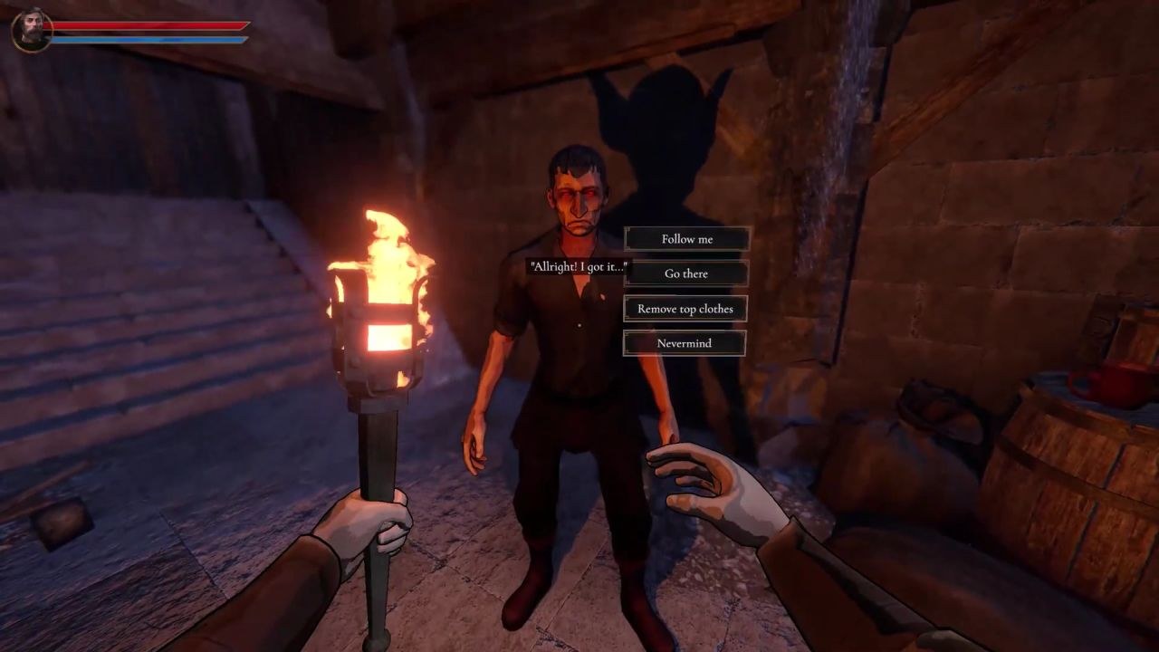 Facing a man with glowing red eyes in an underground passage. His shadow has horns but he does not. Options on-screen include removing top clothes, for some reason.