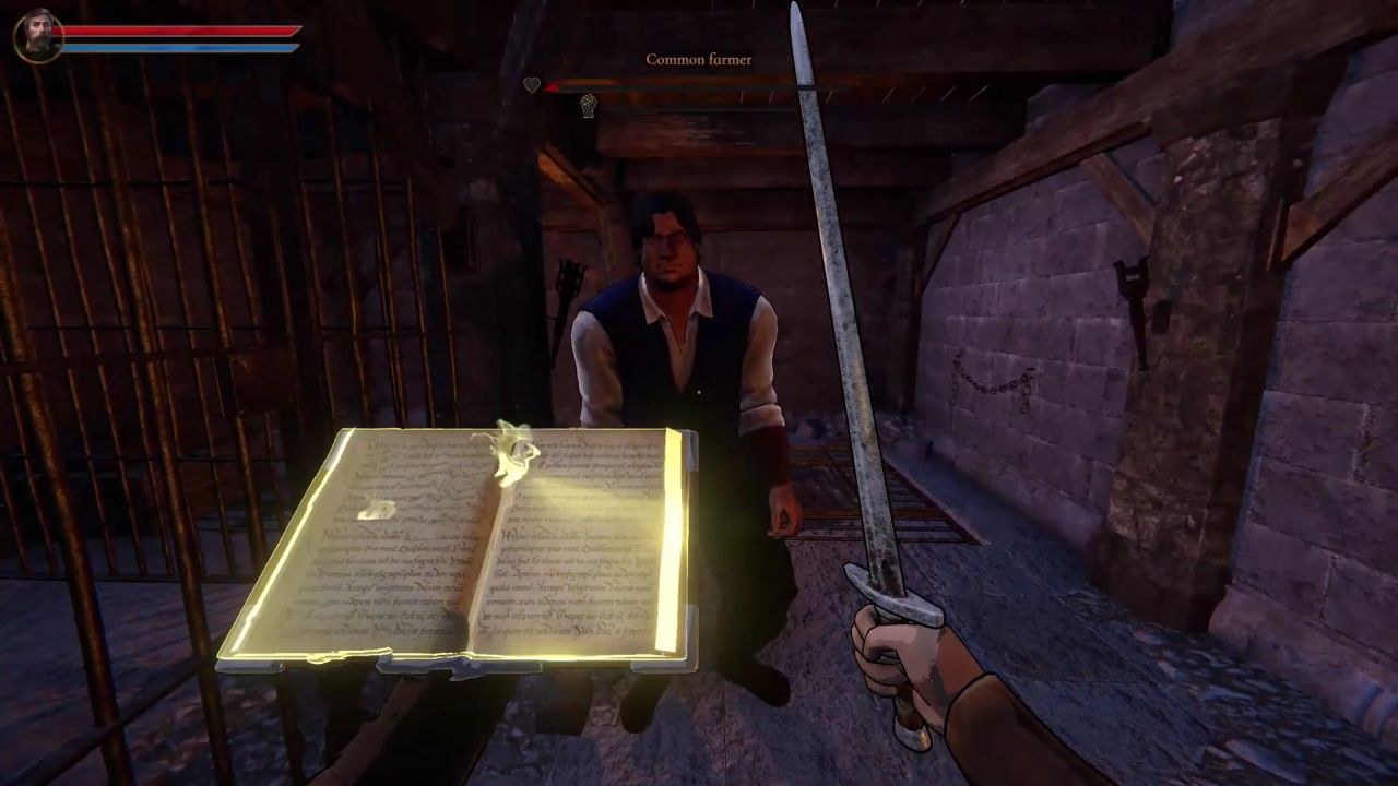 A common farmer faces you as you hold a glowing book in your left hand and a sword in your right.