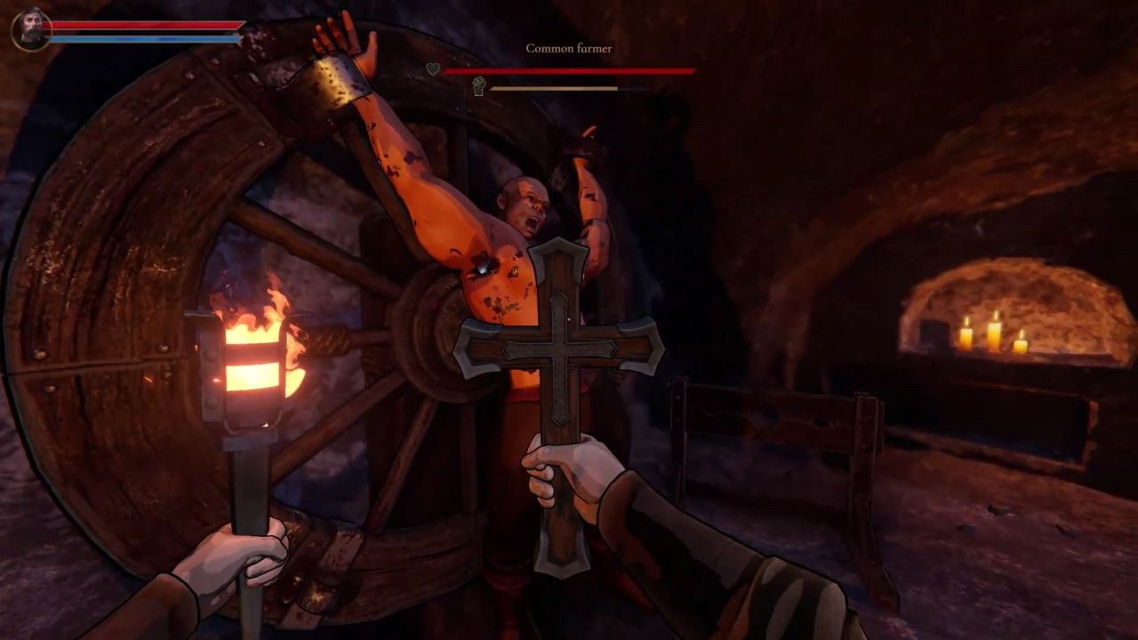 A common farmer is bound to a spinning wheel and looking very displeased as you show off your crucifix and torch.