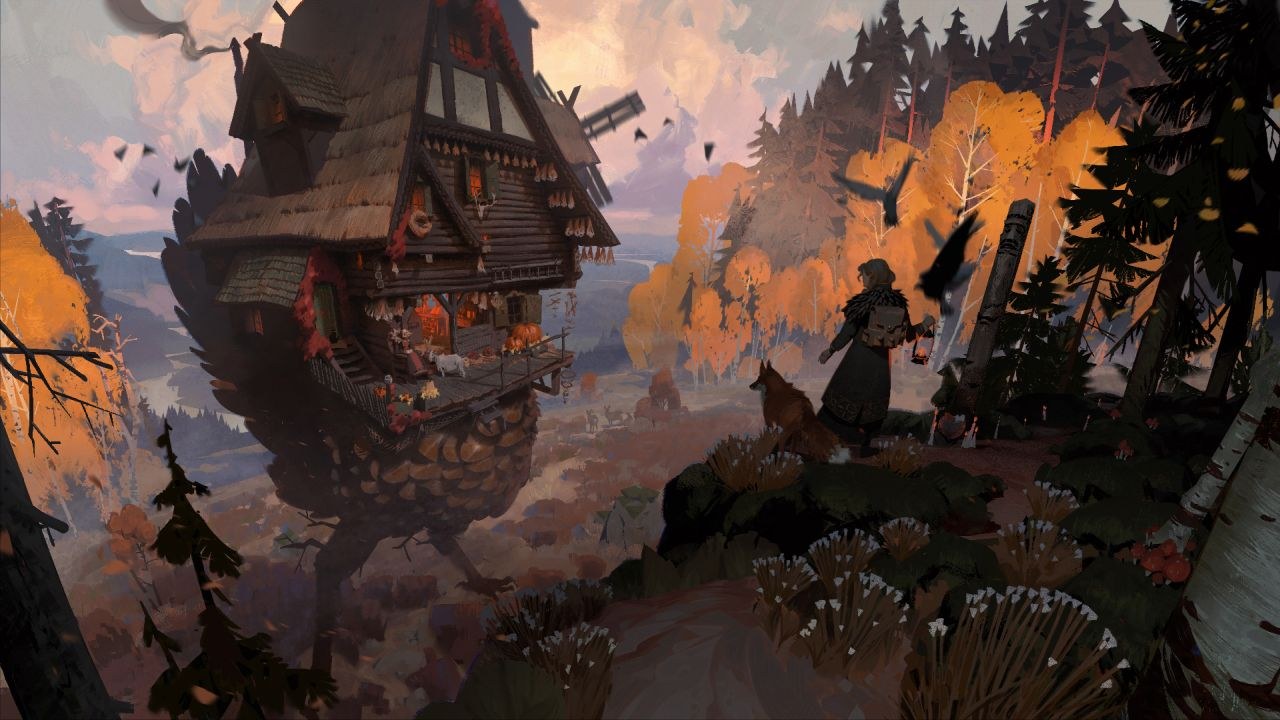 Key art shows a woman with a backpack standing on a hill next to a fox, looking out at a cozy looking cabin perched atop giant chicken legs.