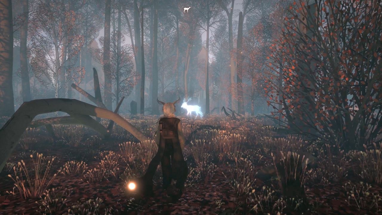 Reka wanders along the edge of a forest clearing, looking toward a glowing stag ahead of her.