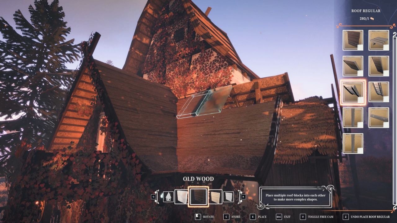 A cabin is being assembled using old wood from an inventory screen to its right.
