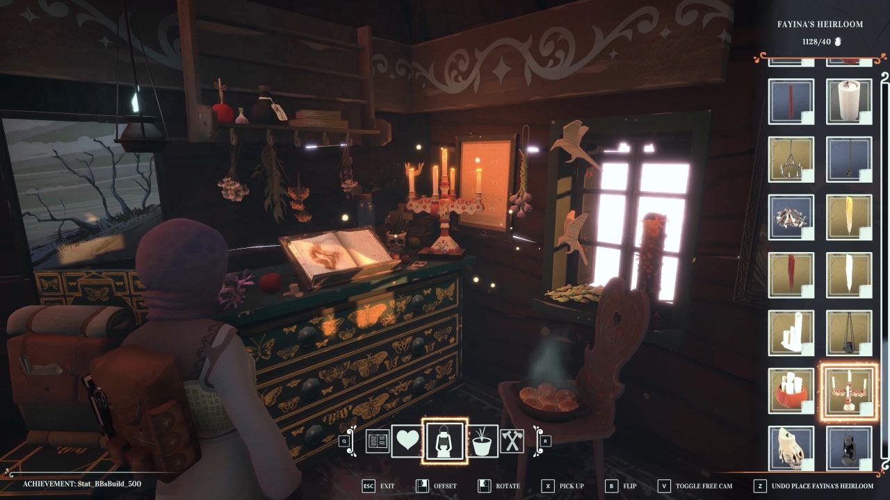 Reka wanders through a cluttered interior environment, placing items.