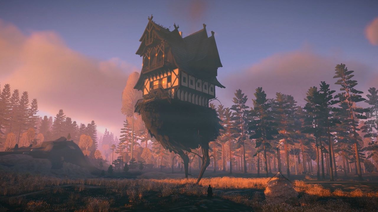 A distant view of the witch's house, moving around on chicken legs near the edge of a forest.