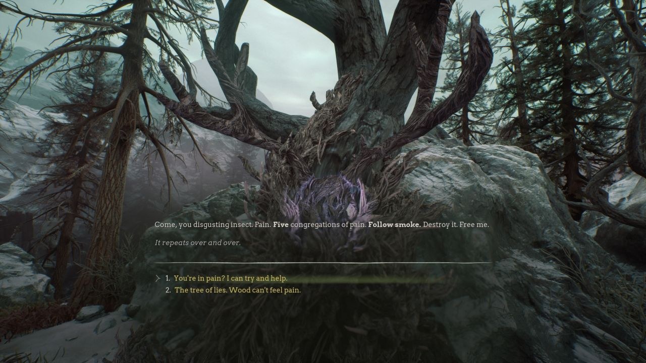 A mangled tree waits between the viewer and a large boulder, repeating haunting phrases.
