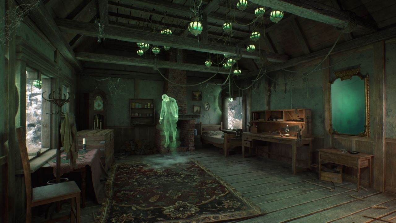 An old-fashioned room with a tattered carpet. A glowing green figure, human in shape, hangs in the air in front of a fireplace at the room's far end.