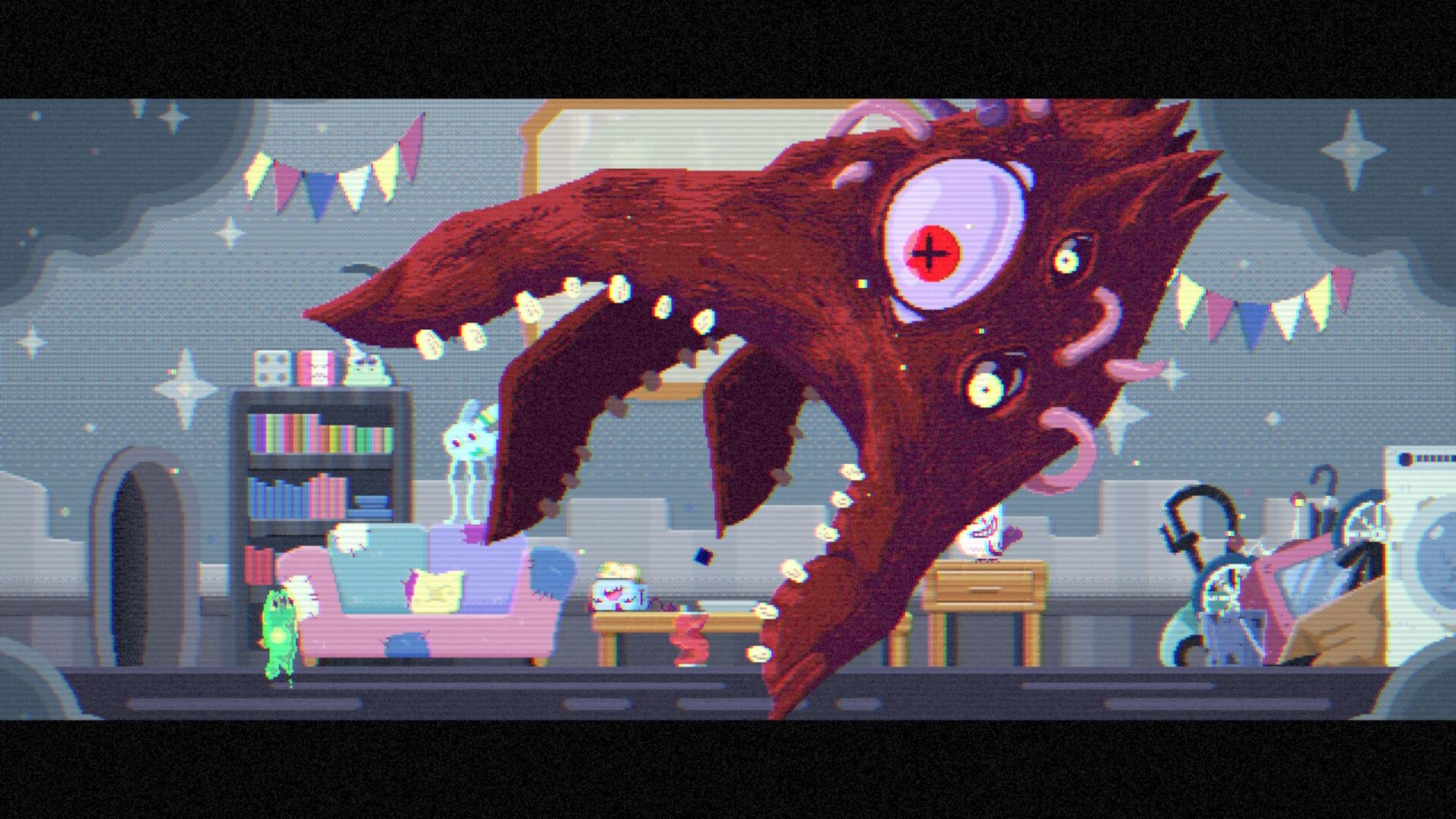 A green blob stands on what appear to be hind legs in front of a couch, facing right toward a collapsing sea-like monster.