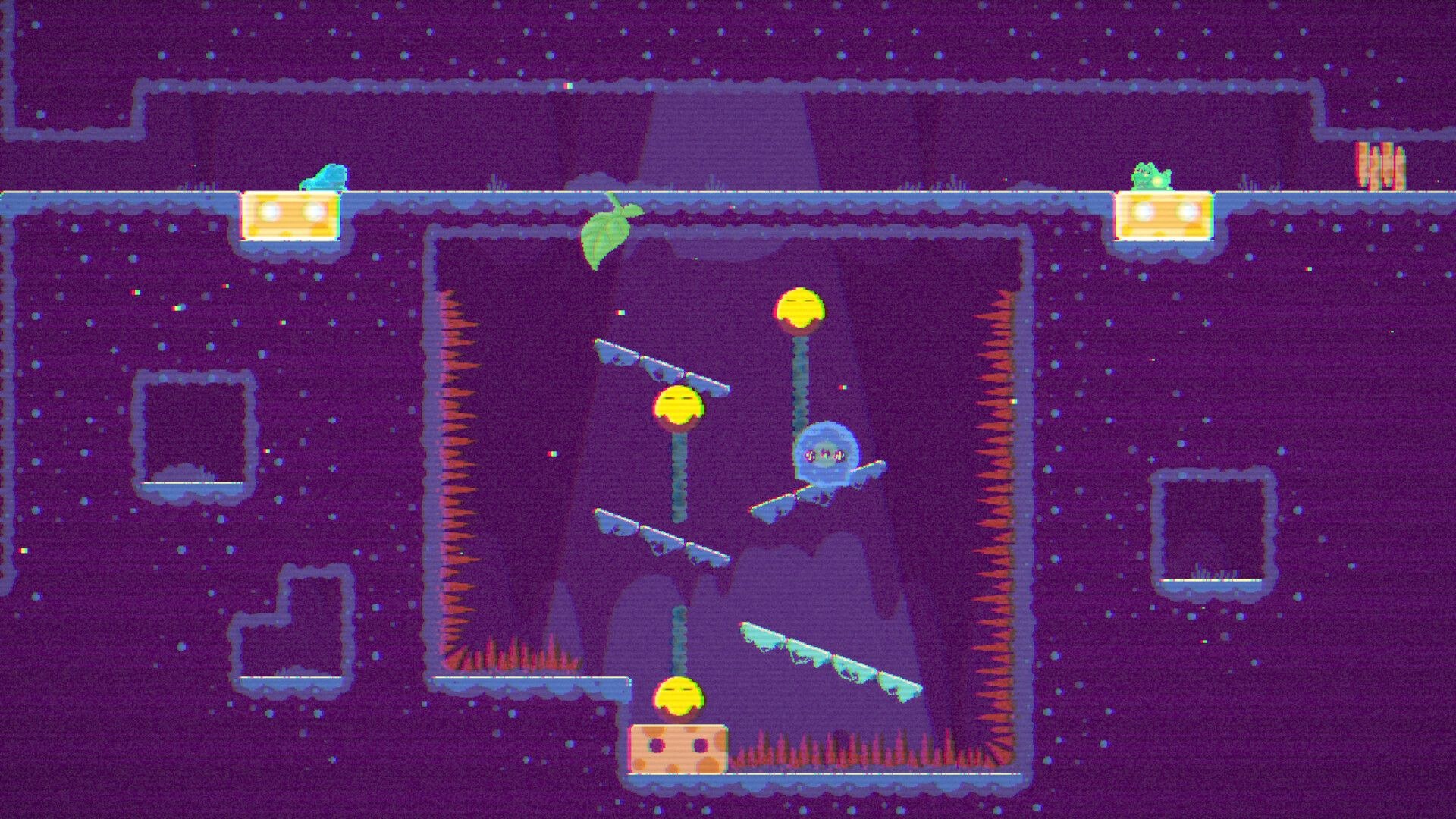 A green blog looks left toward a blue blob. Both of them are positioned on yellow switches. Between them waits a square area with slanted ledges over and between rows of spikes.