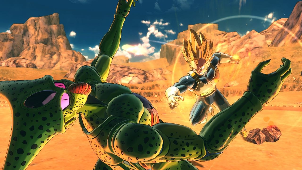 Two combatants grapple in the desert, as one stumbles back, the victim of a punch.
