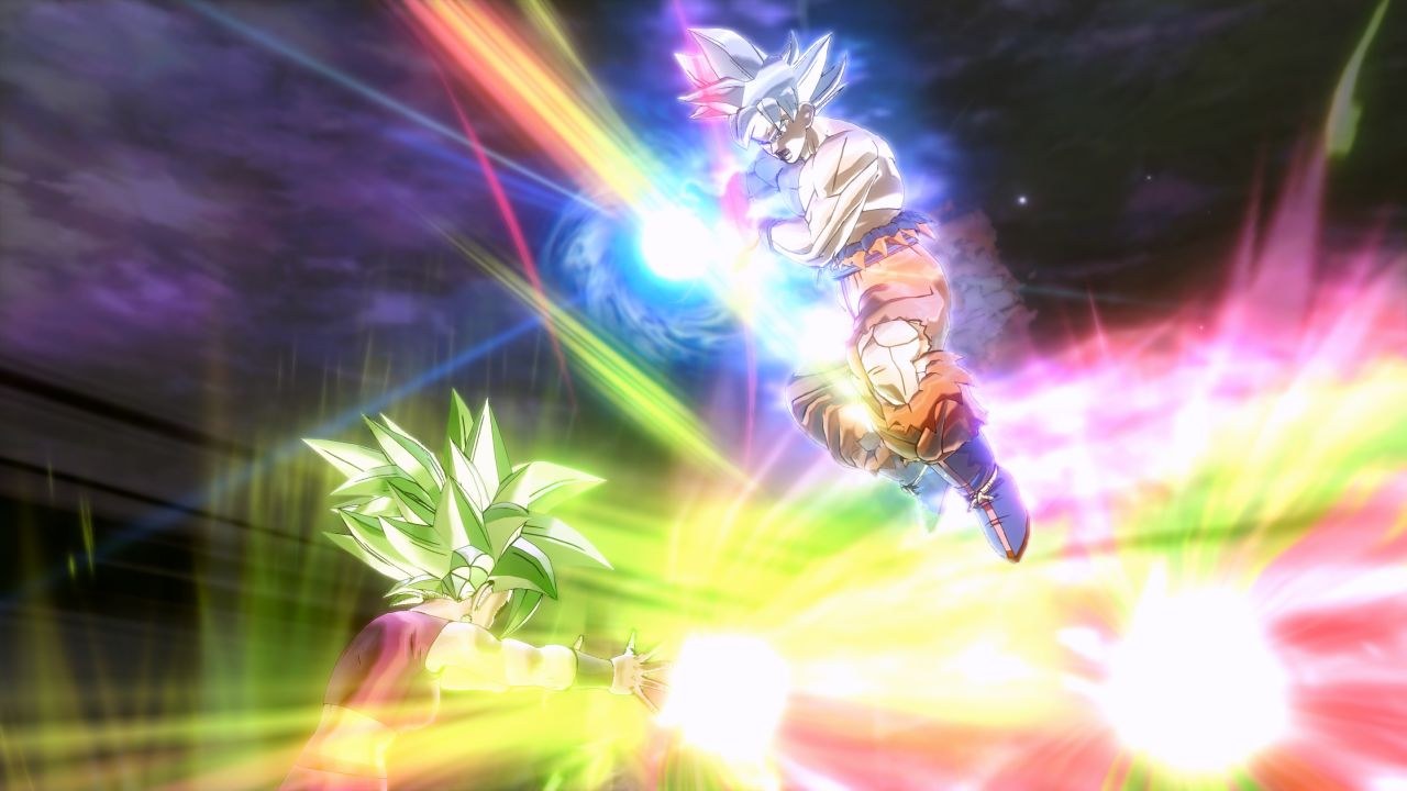 Goku and Kefla face off, with lots of magical light filling the space between them.