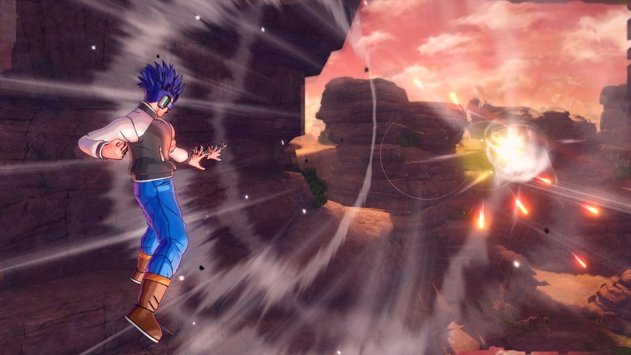 The character unleashes the Soaring Fist move while hovering in the air surrounded by canyon walls.