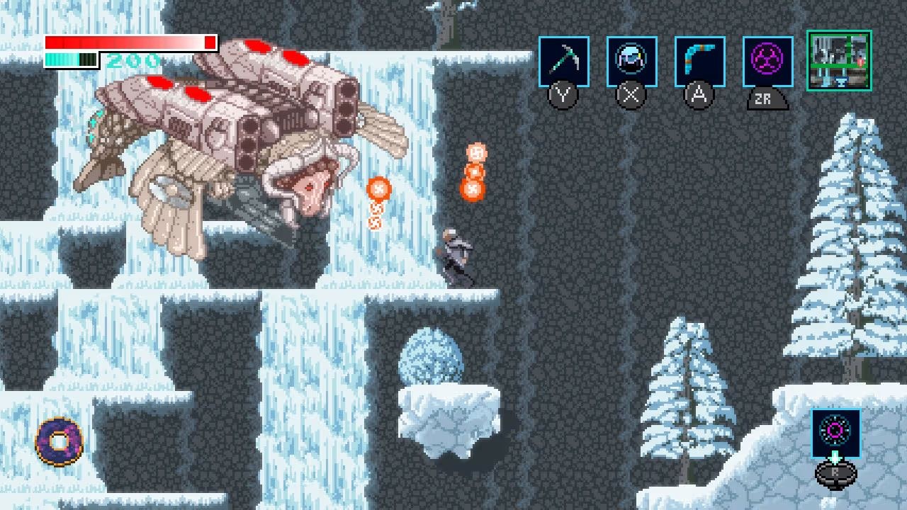 The hero runs along an icy ledge toward a floating enemy that looks like a fish with rocket launchers on its back, which are firing orange shots.