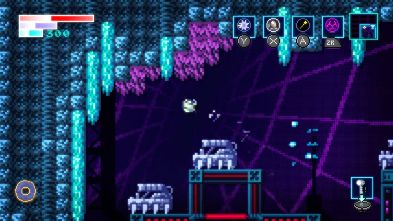 The hero leaps into the air in a lab area, while rolled tightly into a ball like Samus from Metroid.