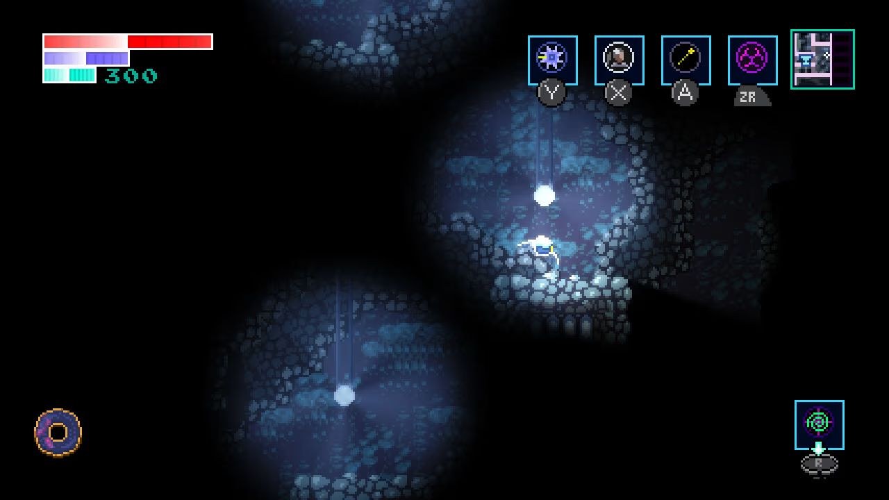 Light shines on several circular patches of underground cave, while a character waits beneath one dangling light.