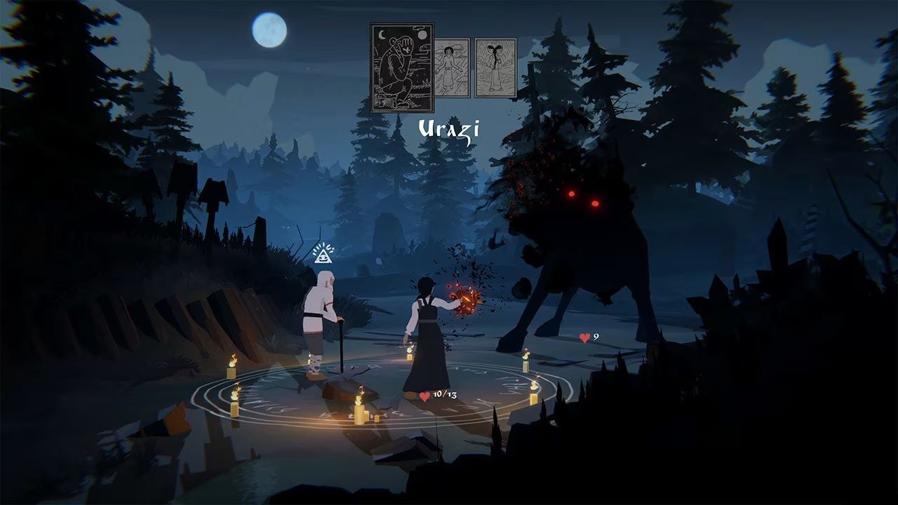 Two characters stand in a protective warding circle in a forest at night, facing a black monster with glowing red eyes.