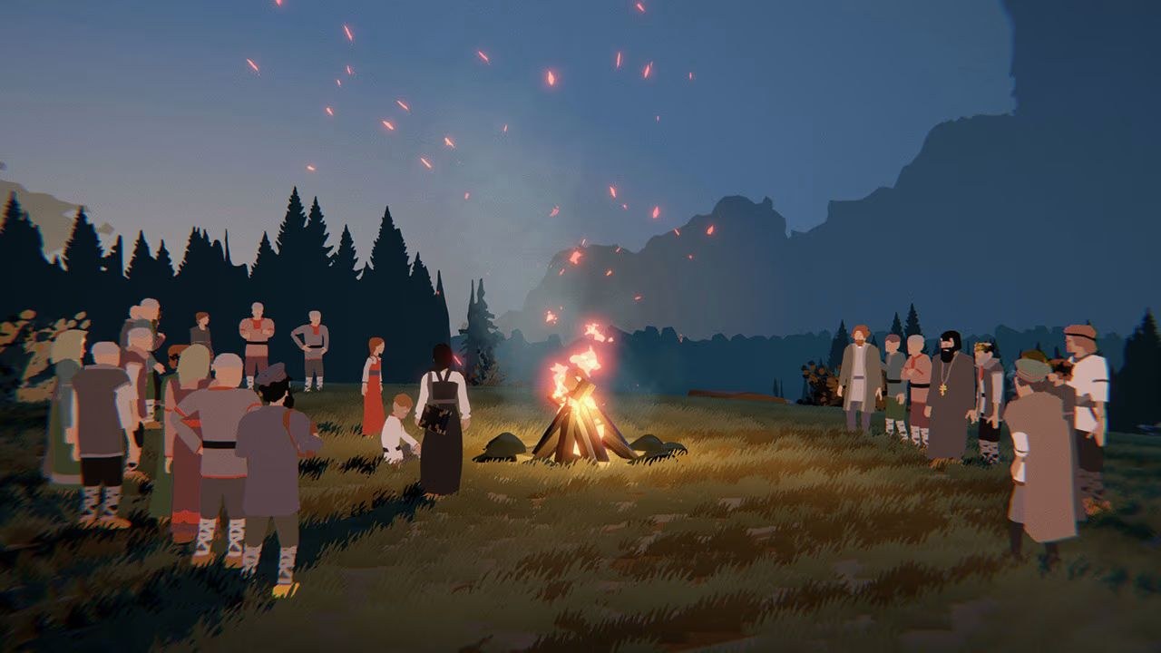 A crowd has gathered to either side of a cheery bonfire blaze, and sparks dance in the air above it.