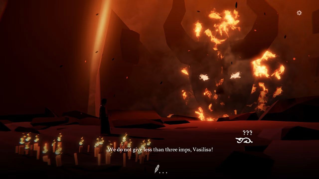 A horned monster rises from a pit beyond the edge of a stone ledge, flames blazing on its face.