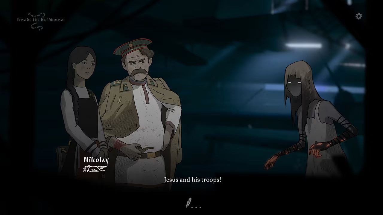 Nikolay and his companion face a skeletal woman with narrow white slits where her eyes might be.