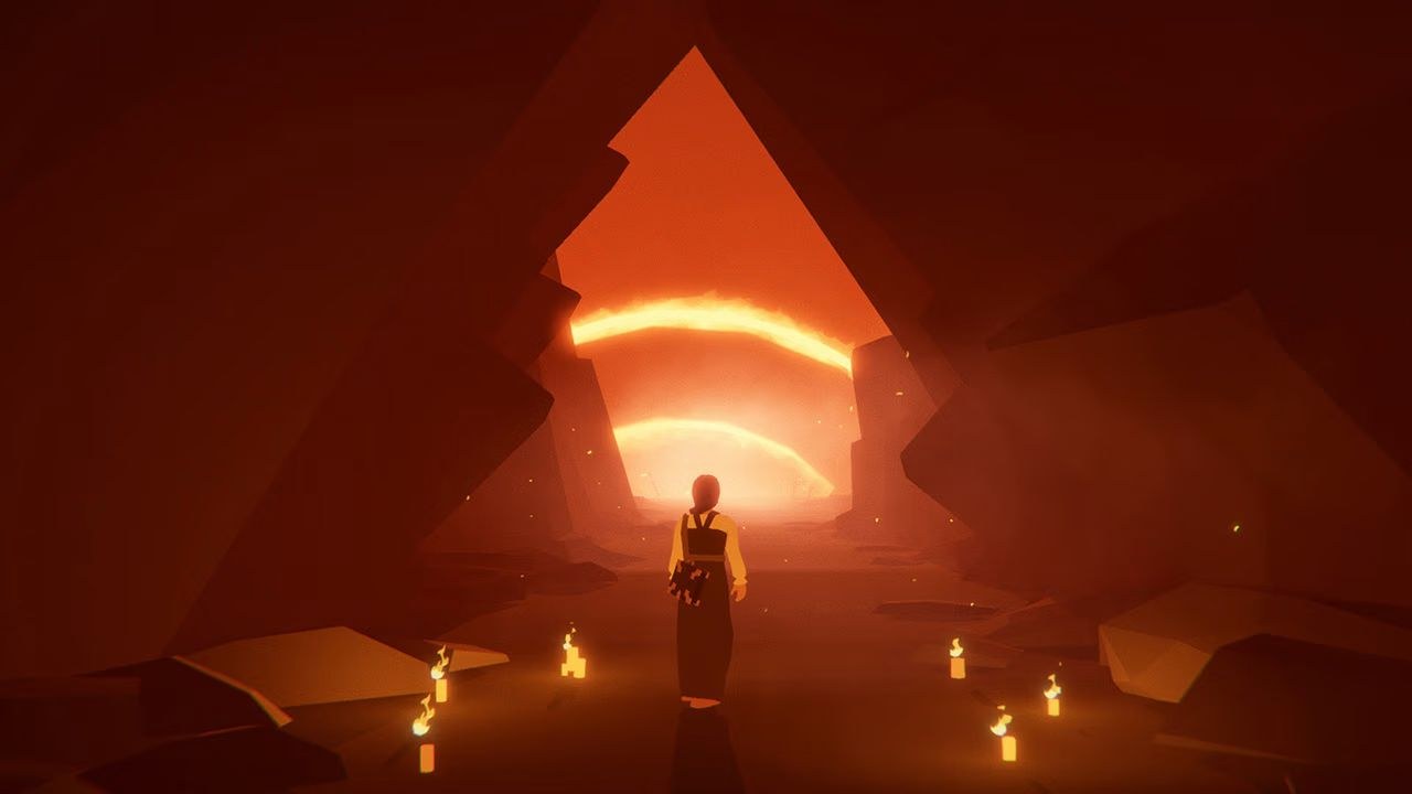 A character stands inside a cave, looking out through a triangular opening at rings of fire on the distant sky.