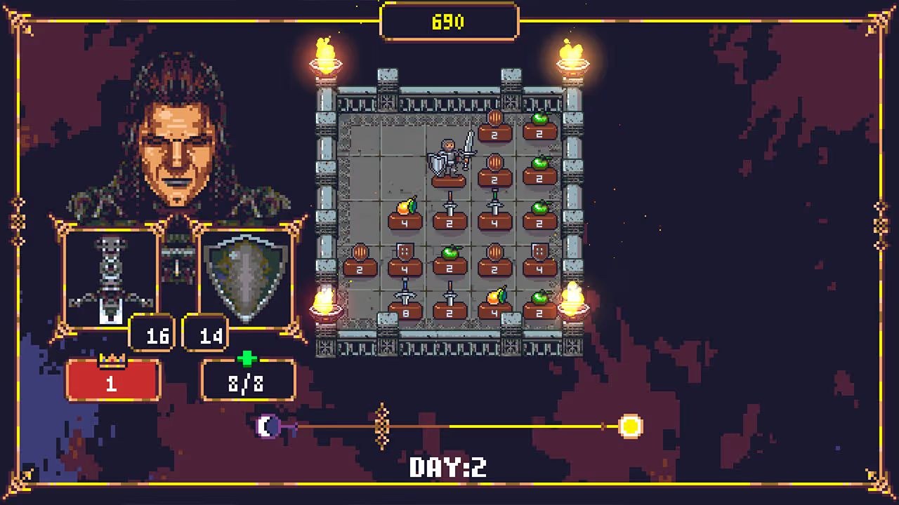 A playing board shows pieces lined up in rows with a character portrait to its left, depicting a knight with closed eyes.