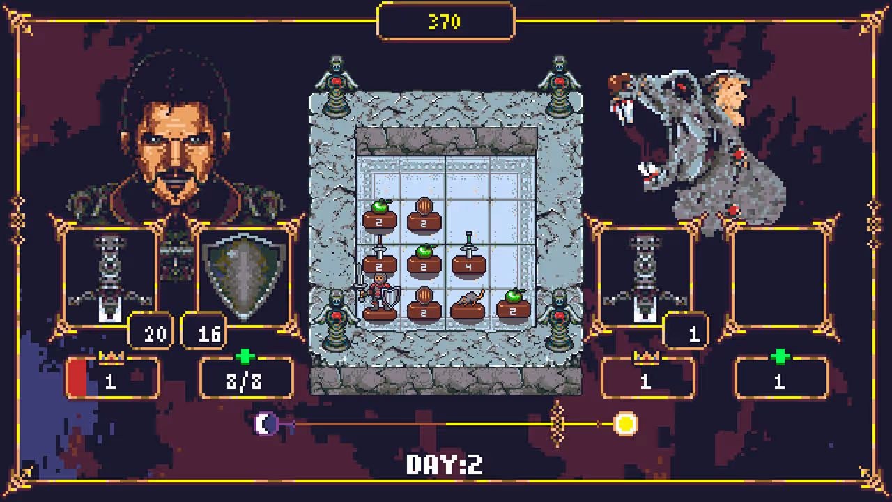 A warrior avatar faces off against a snarling rat avatar, with a board and playing pieces between them.