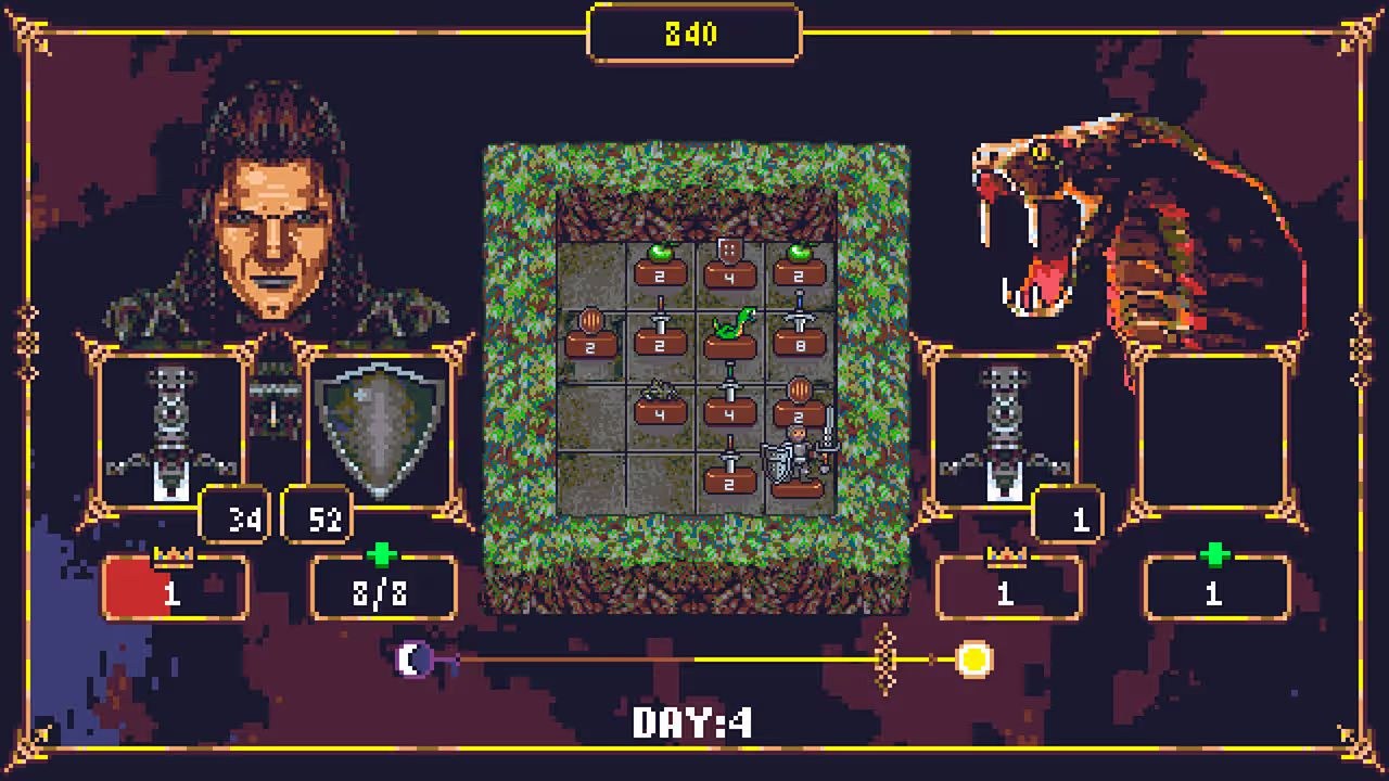 A knight faces off against a snake, with playing pieces on a 4x4 grid between them.