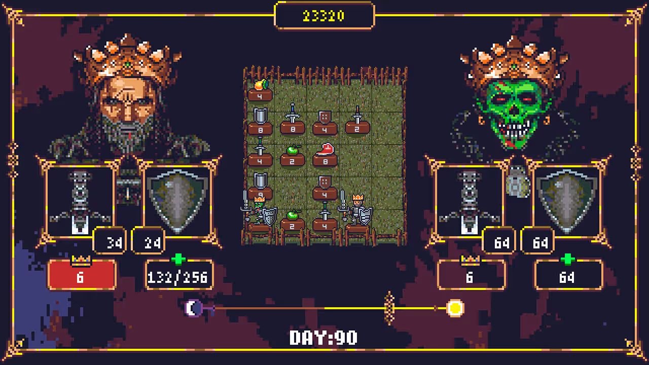 A noble with a crown faces off against a zombie with a crown, with a 5x5 grid between them.