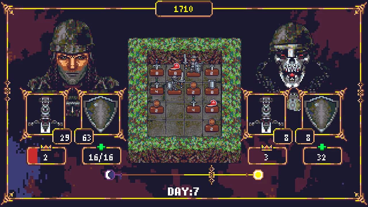 A soldier faces a skeletal soldier, with a 4x4 grid placed between them and lined with playing pieces.