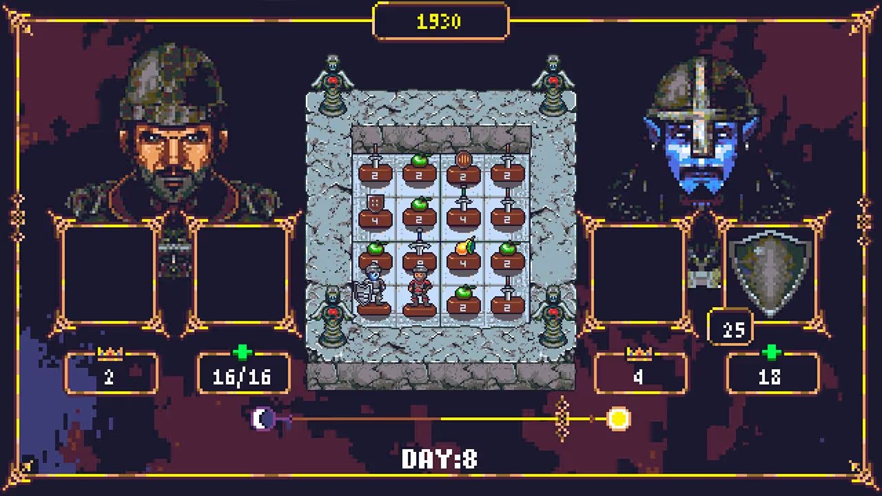 A soldier and a blue-skinned individual face off on day 8, with a 4x4 grid filled with playing pieces between them.