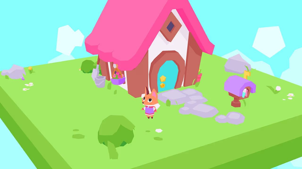 A fox stands outside a house with a pink roof, on a lawn near a purple mailbox.
