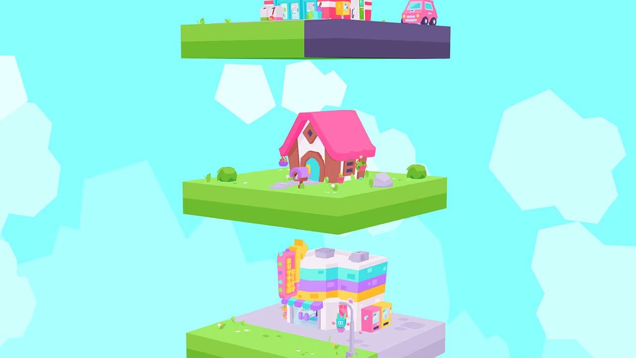 The view is pulled back to show islands floating in the sky, each with its own tiny little environment.