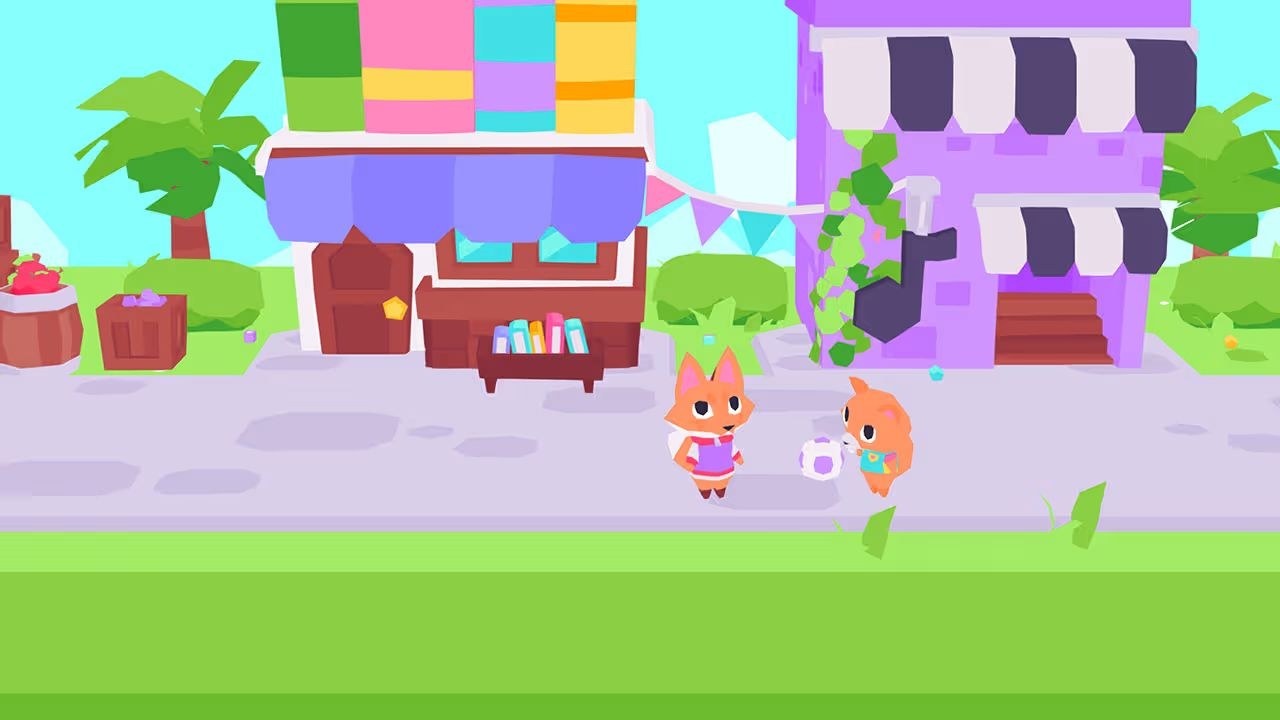 The fox meets another character along the street in a town with multi-level buildings and palm trees.